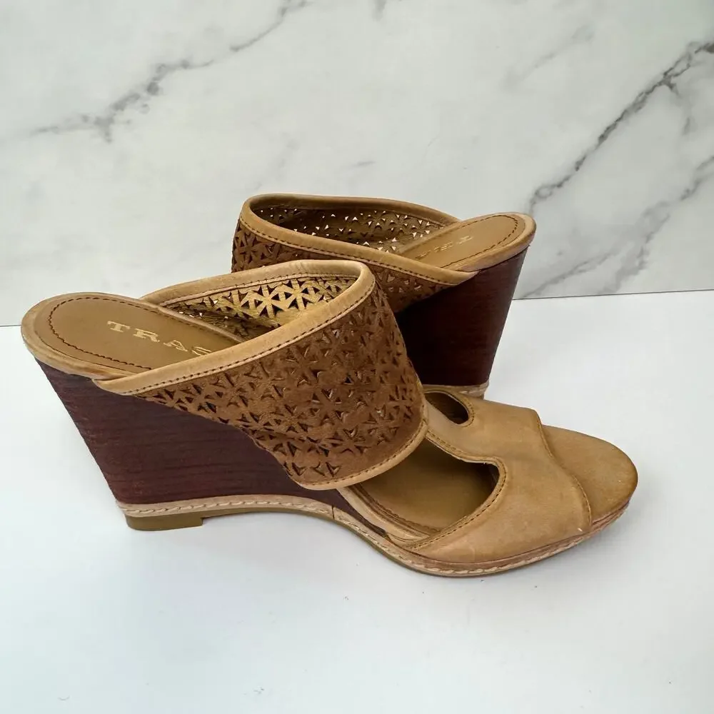 Trask Womens Payton Perforated Wedge Sandals Size 6.5 Leather Boho Minimal Tan
